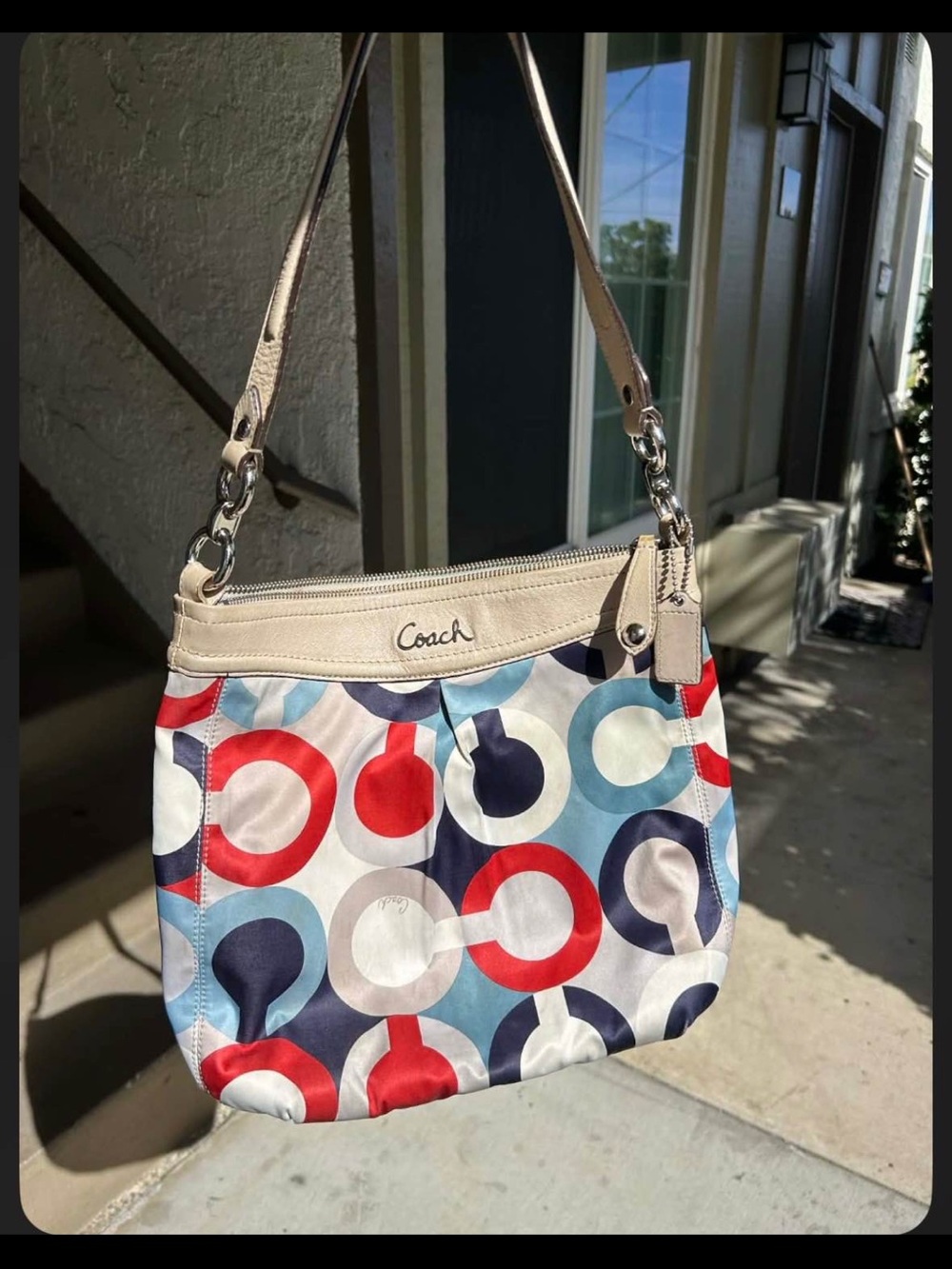 Coach Multicolor Circle Print Shoulder Bag with Cream Trim